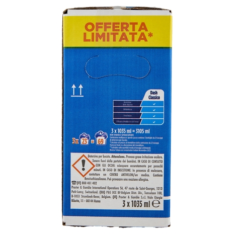 Dash Power Detersivo Liquido Lavatrice, Classico, 3x23 Lavaggi=69 Lavaggi 3x1035 ml